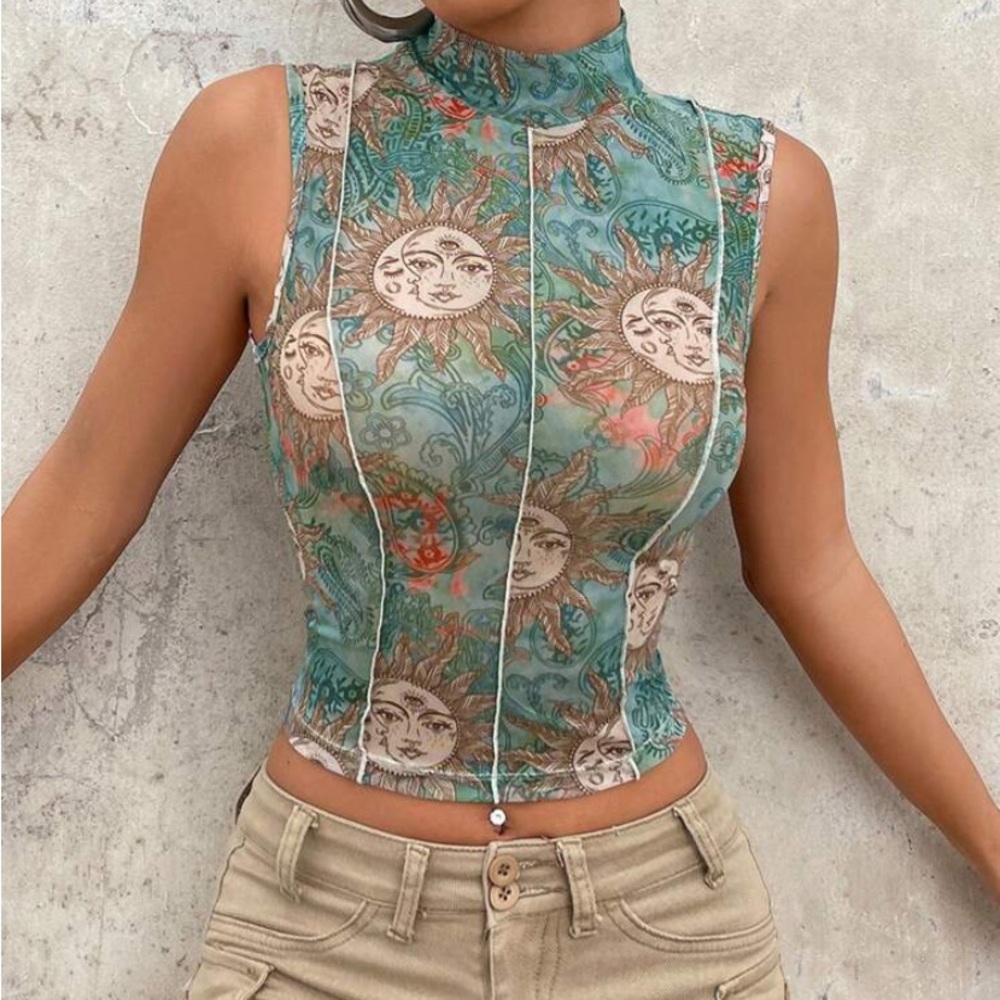 SHEIN ICON Graphic Print Mock Neck Tank Top